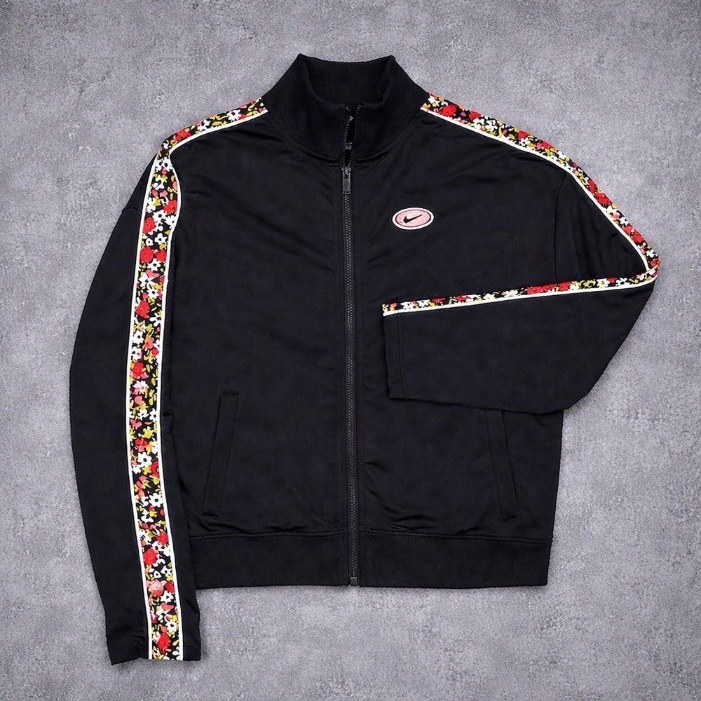 Nike Satin Track Bomber Jacket Womens L Floral Sleeve Stripe‎ Full Zip Black